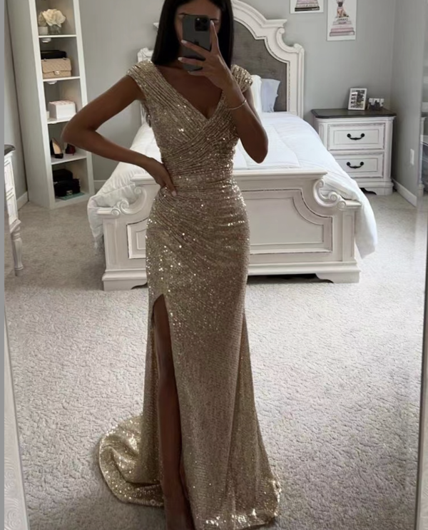 Champagne v neck pleated sequin slit evening prom dress