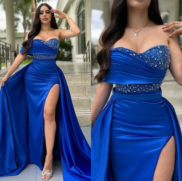 Royal blue bead rhinestone long prom dress,sweetheart slit formal gown with detachable tail