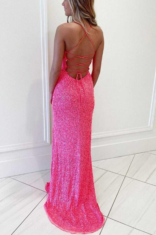 Pink lace up sequin evening dress slit formal gown