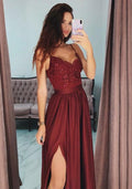 Burgundy sweetheart slit prom dress lace beading long formal gown