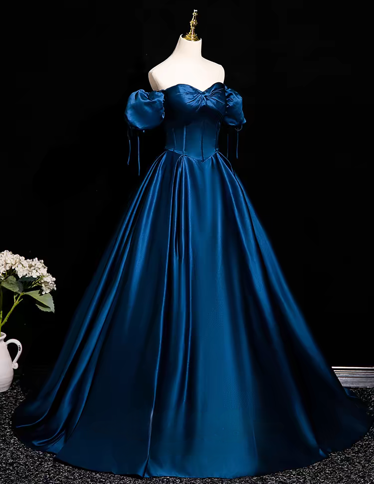 Blue pleated off the shoulder long satin ball gown evening dress