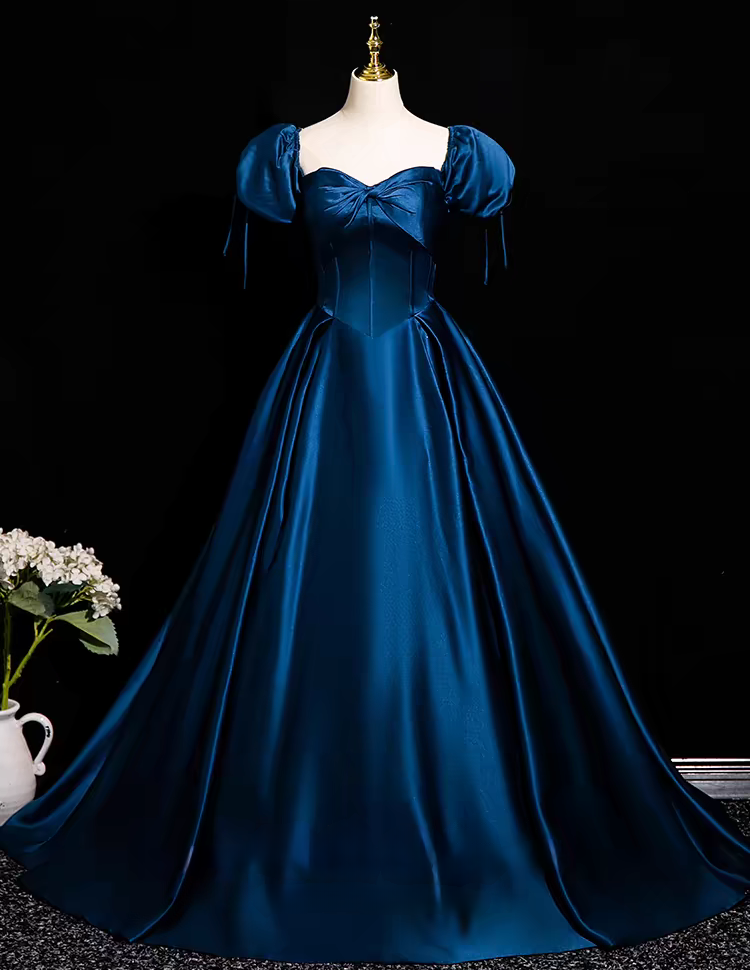 Blue pleated off the shoulder long satin ball gown evening dress