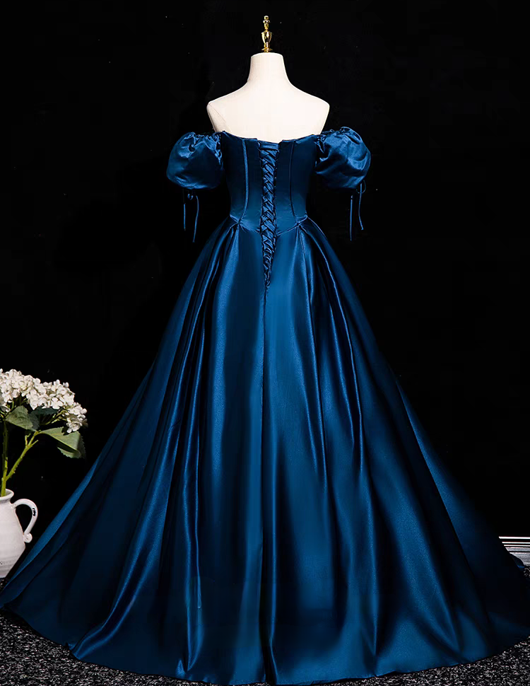 Blue pleated off the shoulder long satin ball gown evening dress