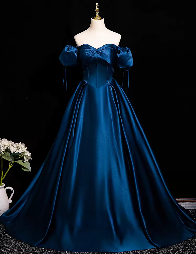 Blue pleated off the shoulder long satin ball gown evening dress