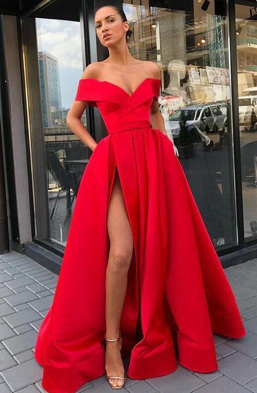 Red off the shoulder slit long satin ball gown prom dress,evening party dress wedding dress