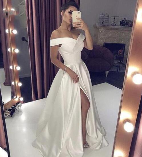 Off the shoulder Ivory long satin prom gown,slit evening party dress,wedding party gown