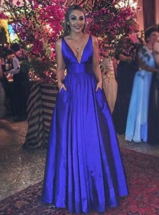 Royal blue v neck long prom dress,a line evening party dress with pocket