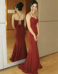Burgundy mermaid long prom dress evening party dress