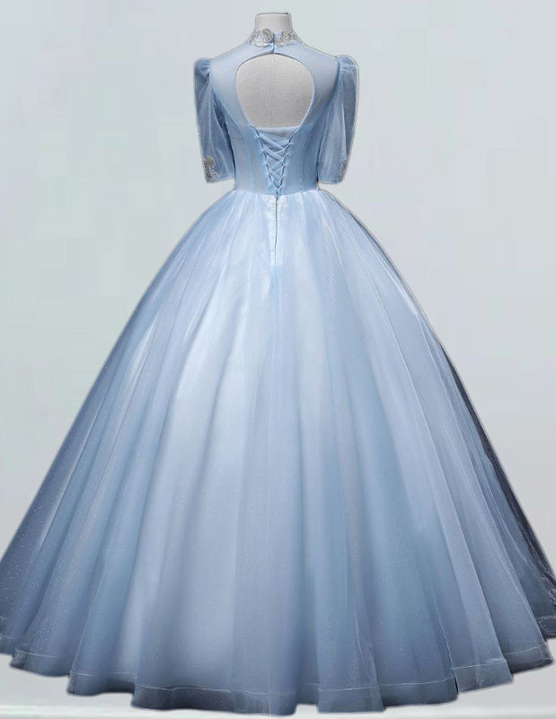 Light Blue Rhinestone Ball Gown for Women - Elegant Prom & Bridal Dress with Sleeves