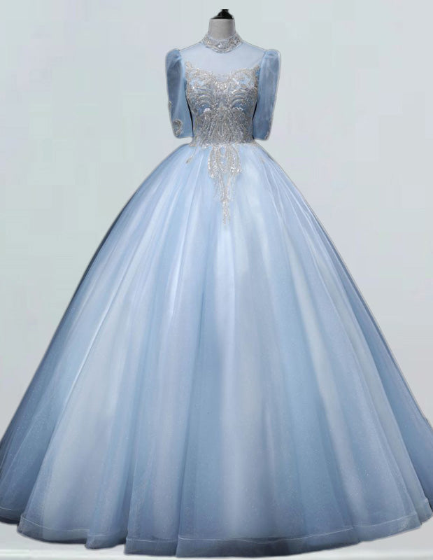 Light Blue Rhinestone Ball Gown for Women - Elegant Prom & Bridal Dress with Sleeves