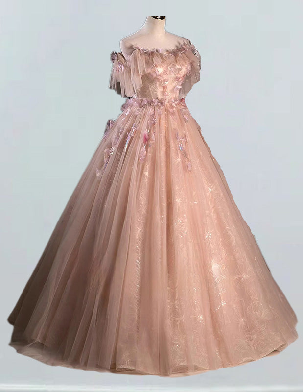Pink off the shoulder lace ball gown,fairy long tulle prom dress