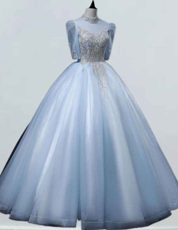 Light Blue Rhinestone Ball Gown for Women - Elegant Prom & Bridal Dress with Sleeves