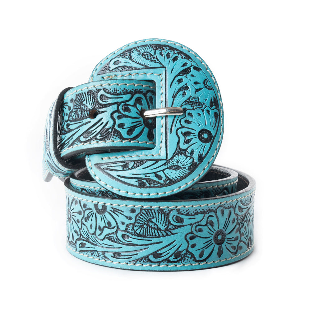 Myra Talon High Azure Tooled Leather Belt for Women - Statement Rodeo Buckle with Western Embossed Floral Design