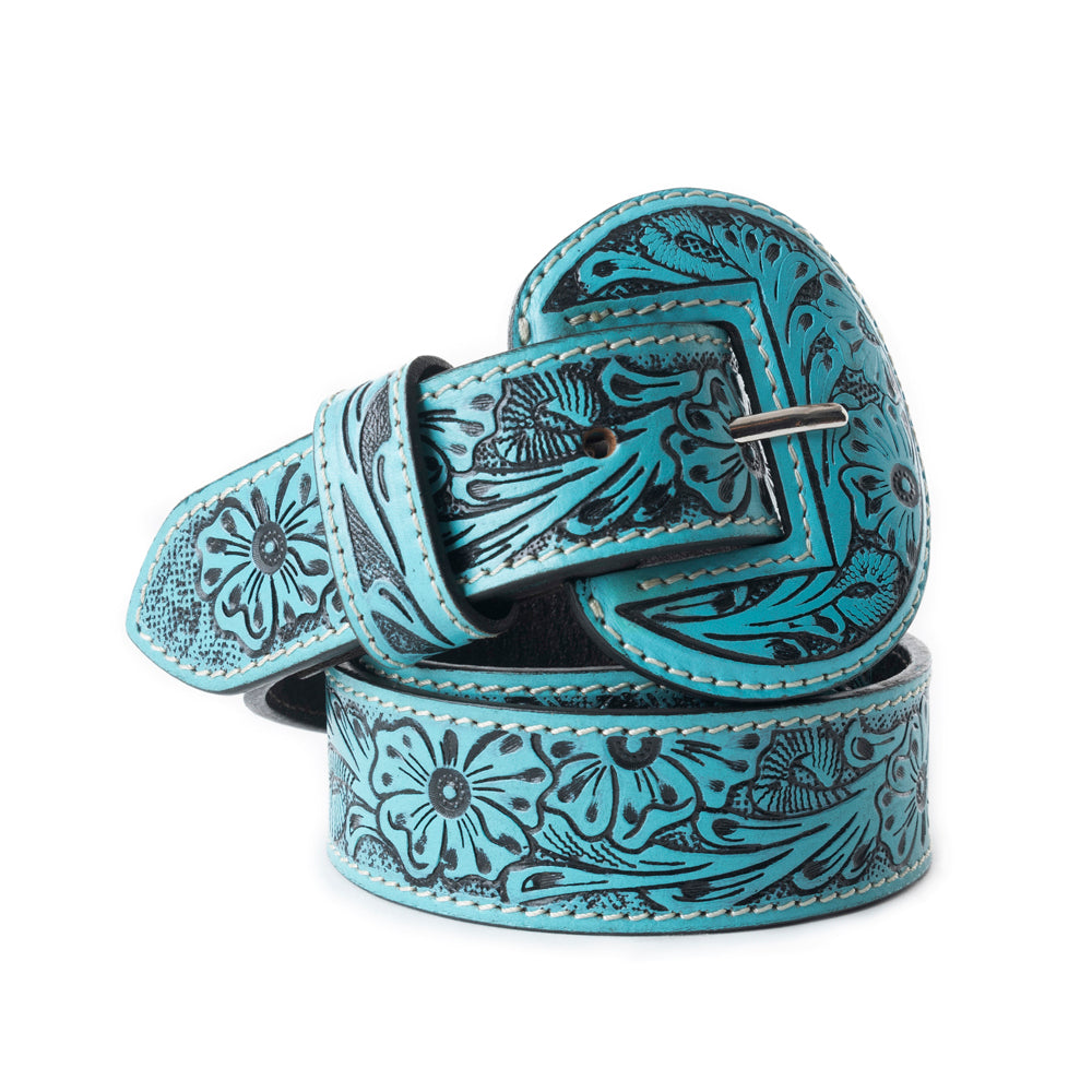 Myra Talon High Azure Tooled Leather Belt for Women - Statement Rodeo Buckle with Western Embossed Floral Design