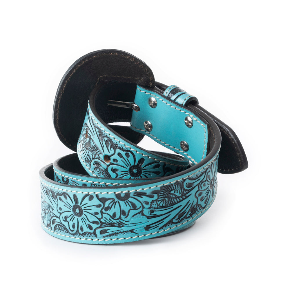 Myra Talon High Azure Tooled Leather Belt for Women - Statement Rodeo Buckle with Western Embossed Floral Design