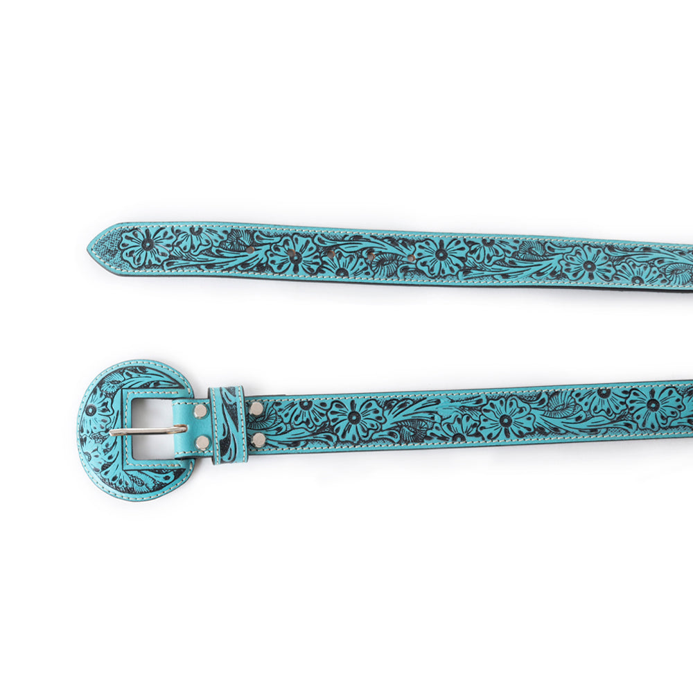 Myra Talon High Azure Tooled Leather Belt for Women - Statement Rodeo Buckle with Western Embossed Floral Design