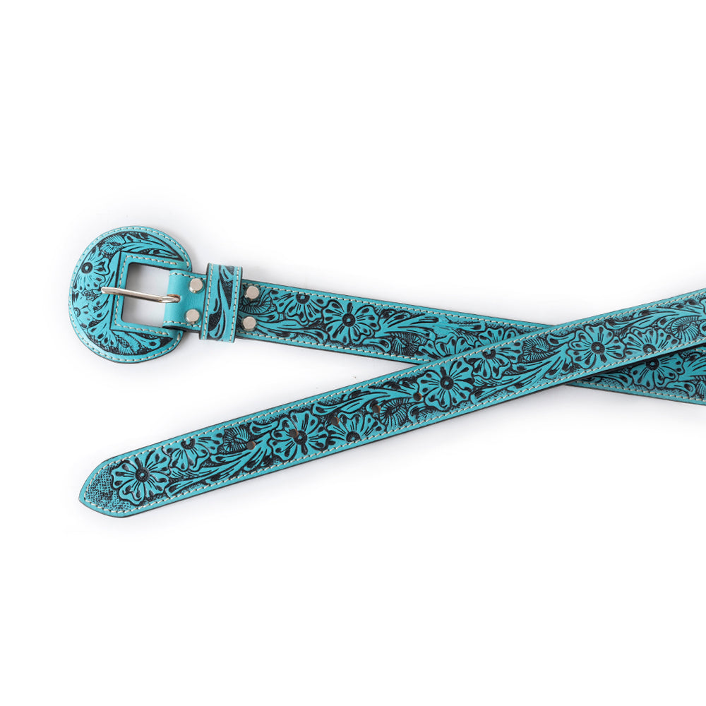 Myra Talon High Azure Tooled Leather Belt for Women - Statement Rodeo Buckle with Western Embossed Floral Design