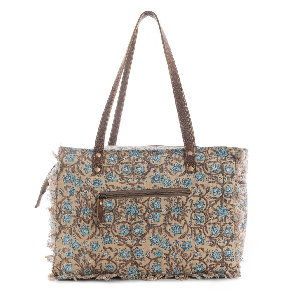 Myra San Ysidro Falls Floral Weekender Bag for Women â€“ Distressed Fabric, Leather Handles & Rustic Fringe Details
