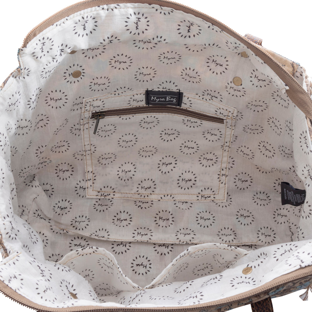 Myra San Ysidro Falls Floral Weekender Bag for Women â€“ Distressed Fabric, Leather Handles & Rustic Fringe Details